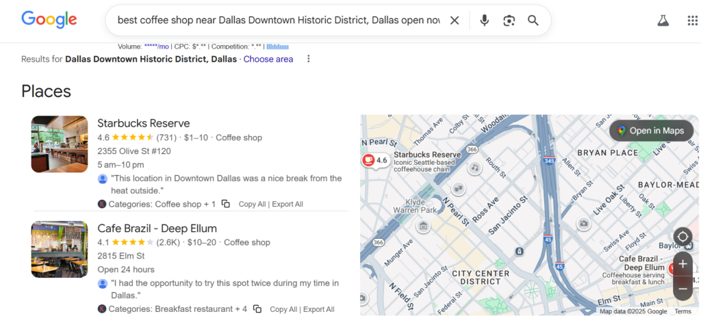 a screenshot of google maps search for best coffee near dallas