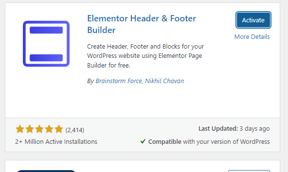 a screenshot of Elementor Header and Footer Builder plugin with Activate button