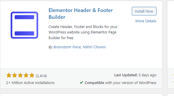 a screenshot of Elementor Header and Footer
