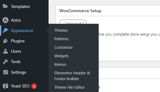 a screenshot of the Elementor Header and Footer Builder plugin in appearance menu