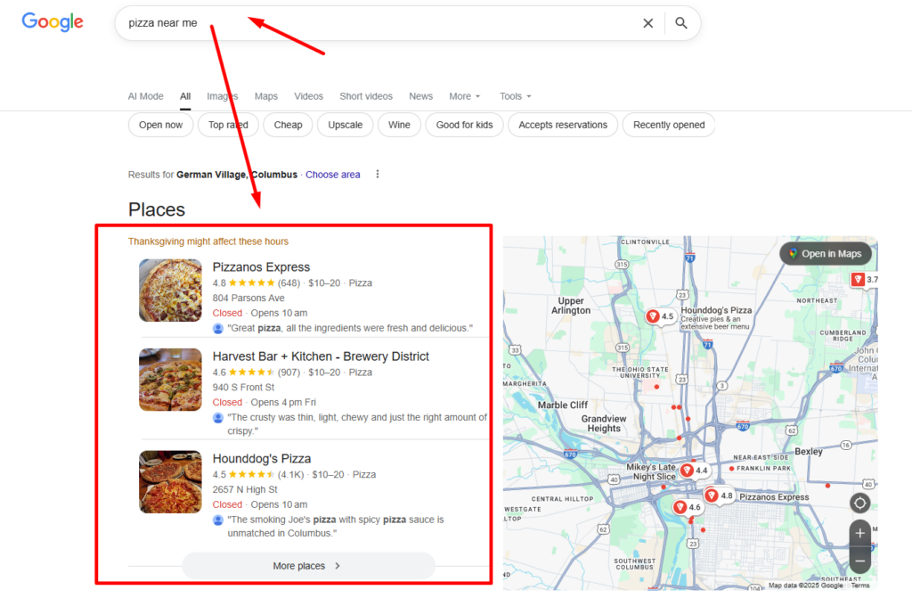 someone searching for pizza near me in german village in Columbus