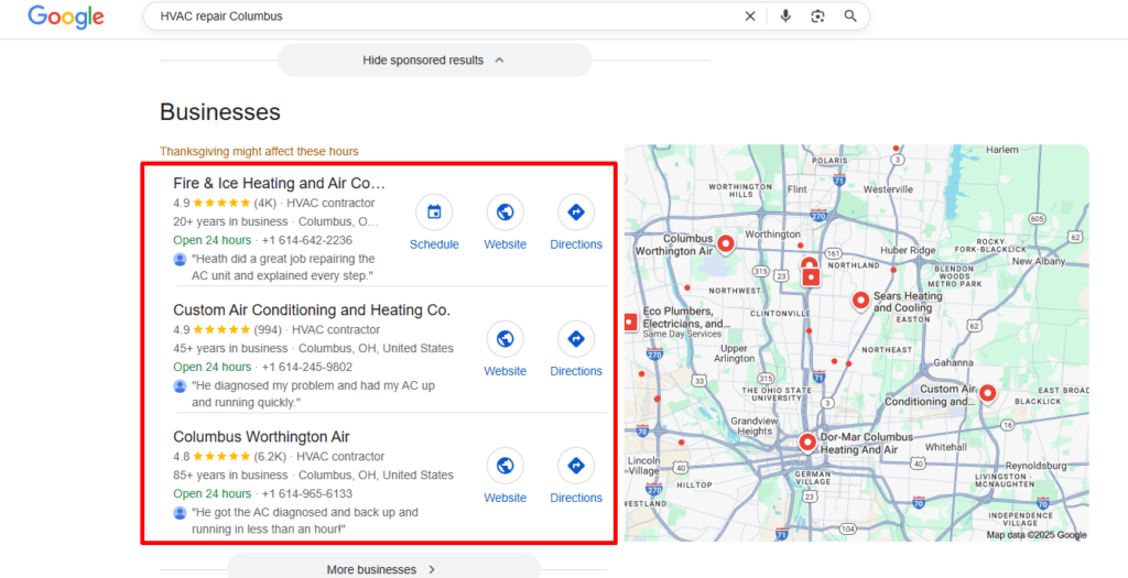 When someone types "HVAC repair Columbus" on google