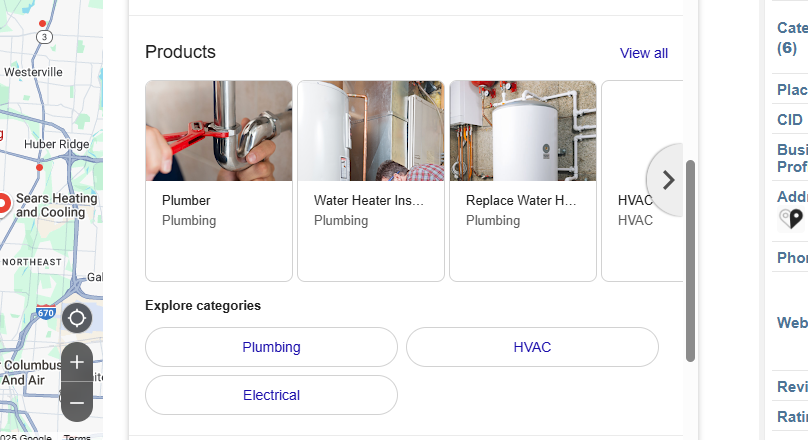 gbp showing prodcuts and services offered by the owner
