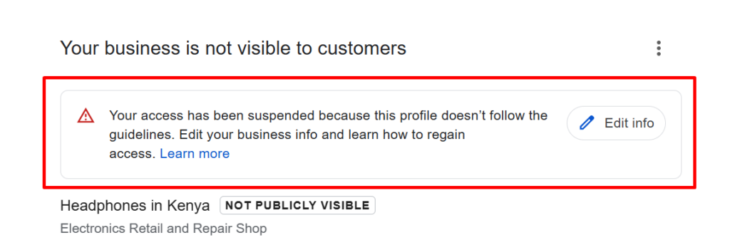 suspended google business profile example