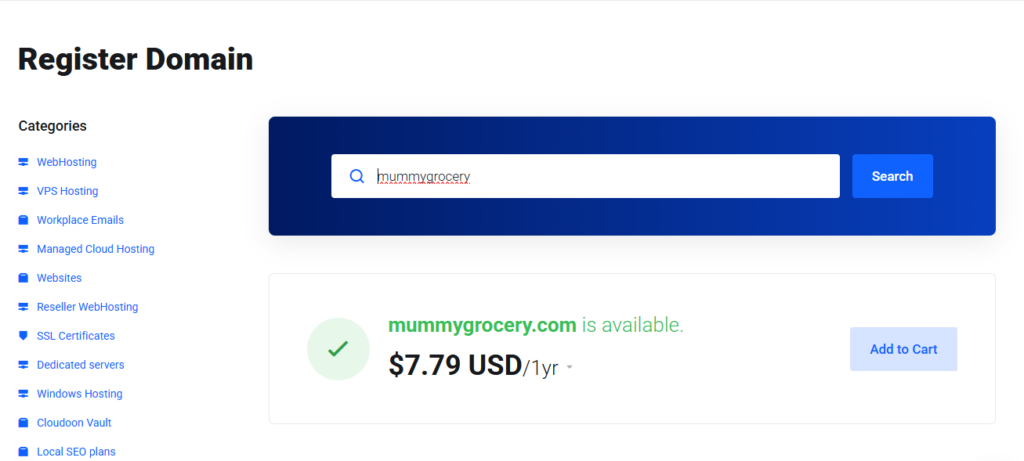 A screenshot from Truehost showing the domain search toll results for the domain name mummygrocery