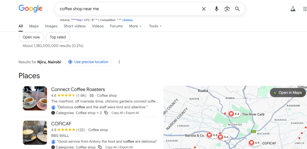 a screenshot of results on google maps for local searches