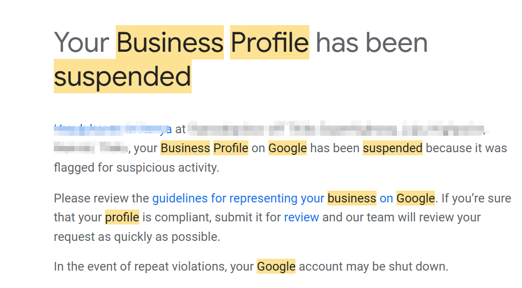 email from google saying the google business profile has been suspended