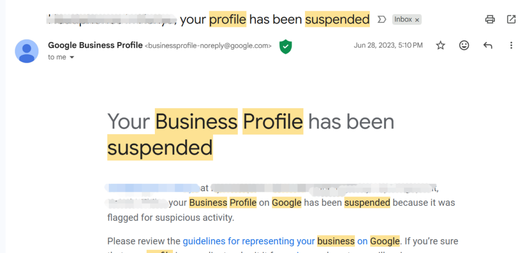 Google Business Profile suspension email notification
