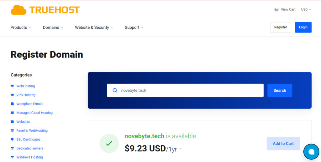 A screenshot of Truehost domain registration page showing easy availability of .tech domain extension, example novebyte.tech