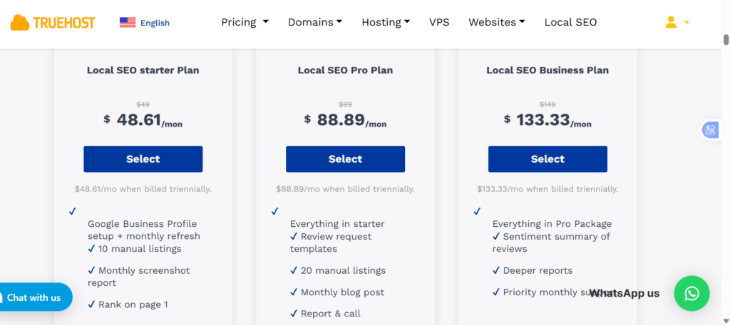 a screenshot of Truehost SEO pricing plans