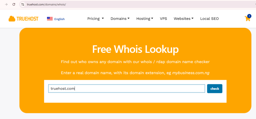 A screenshot from Truehost showing the WHOIS Lookup tool