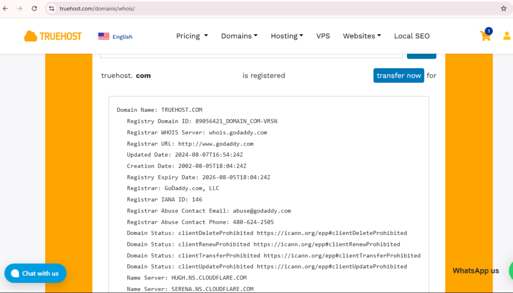 A screenshot from Truehost showing WHOIS details from registry name to expiry date and more