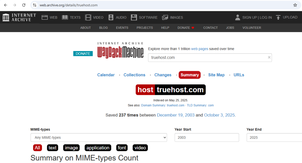 A screenshot from Wayback Machine showing details around Truehost domain name history