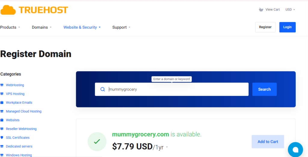 A screenshot of Truehost trusted domain search tool