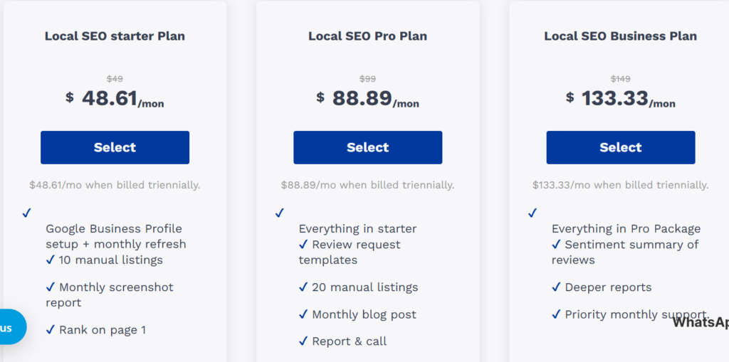 a screenshot of local seo packages of truehost