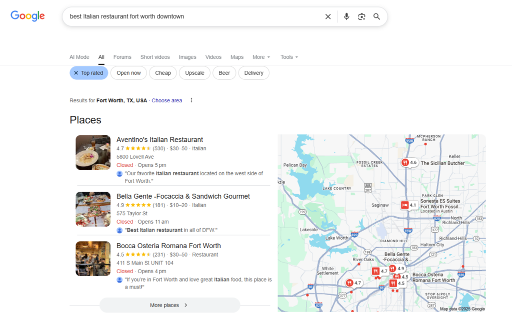 Someone searches "plumber near me" or "best Italian restaurant downtown." 