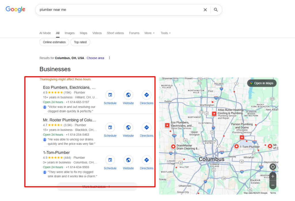 when someone in Columbus searched "plumber near me"