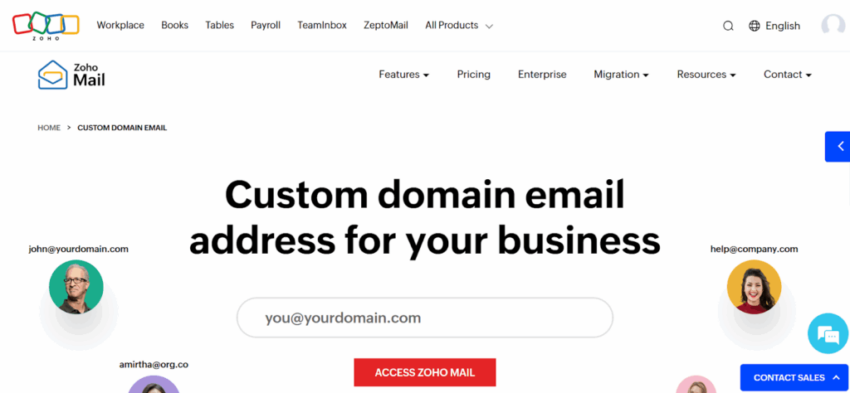screenshot of the Zoho homepage