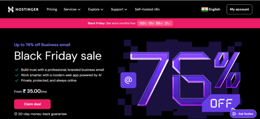 screenshot of the hostinger homepage