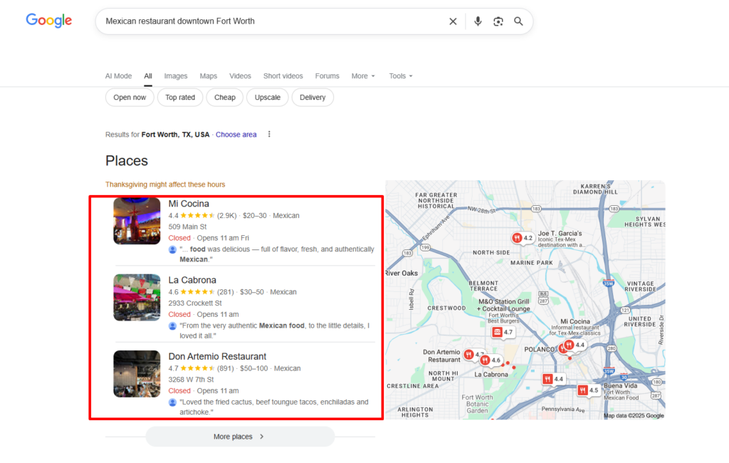When someone searches "Mexican restaurant downtown Fort Worth"