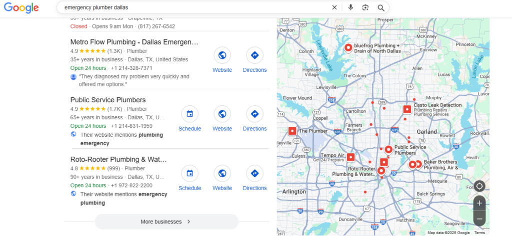 When someone searches "emergency plumber near me" at 11 PM