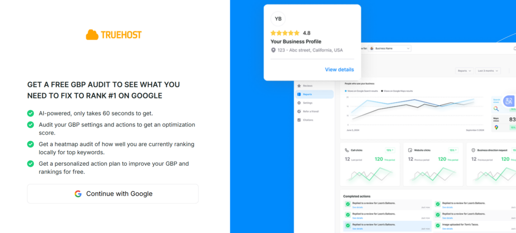 a screenshot of truehost US audit section to track SEO results 