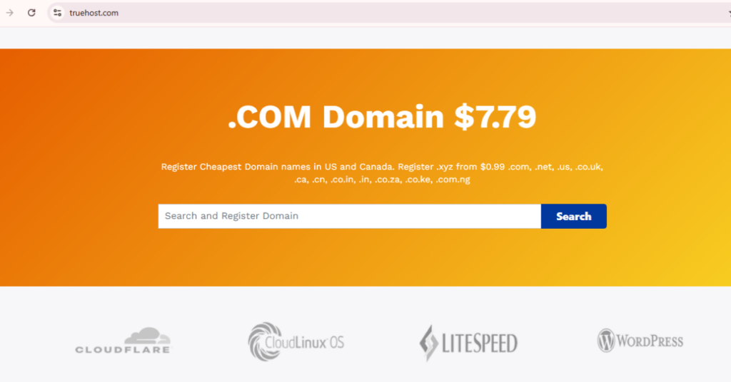 A screenshot of Truehost's domain search and registration homepage