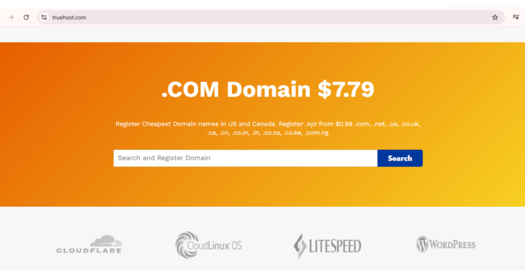 A screenshot of Truehost's domain search tool to start a building a website