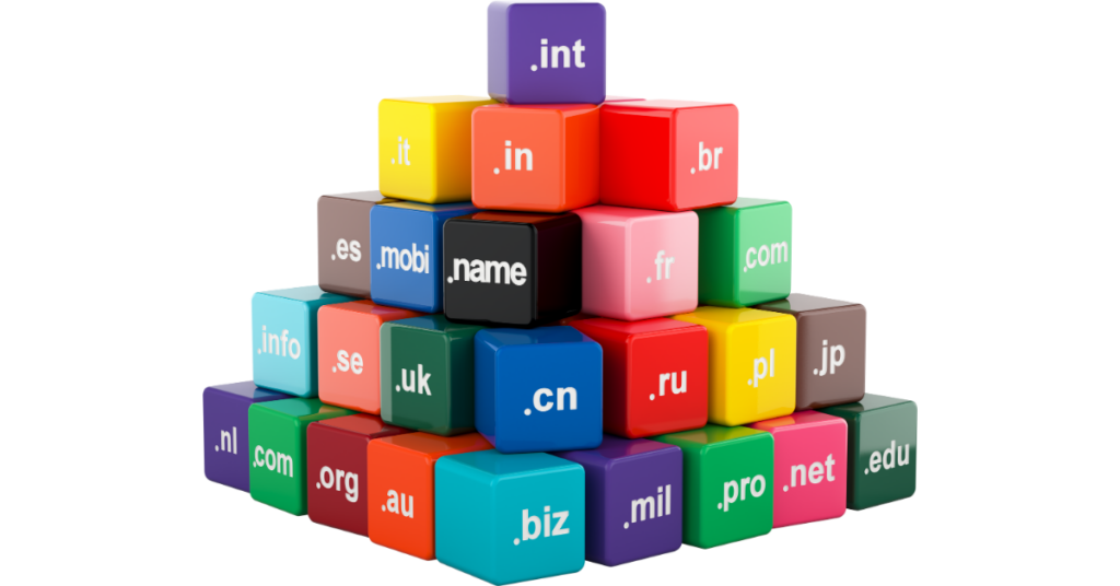 Colored cubes with domain name extensions, 3D rendering isolated on transparent background