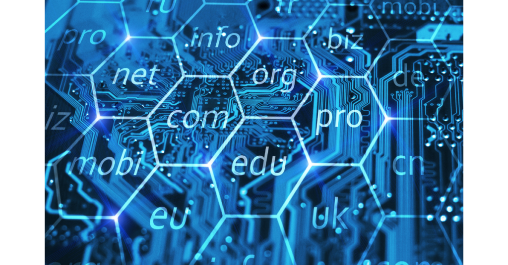 Internet domain name registration. Online url address for business company. Com, biz, info, edu and other domains in hexes on integrated circuit.