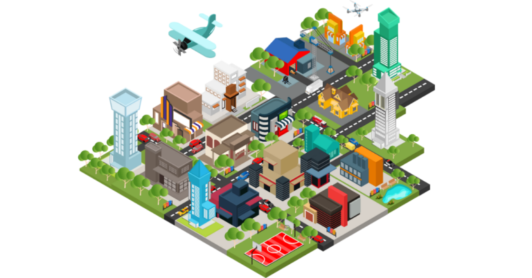 Isometric style urban map illustrating how nameservers work