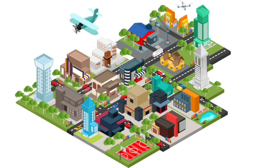 Isometric style urban map illustrating how nameservers work
