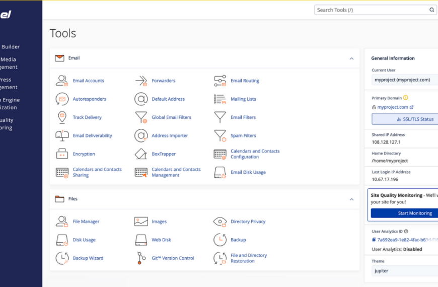 cPanel hosting tools dashboard