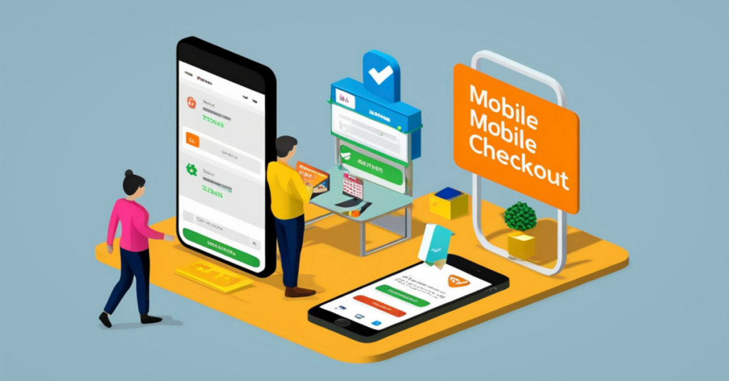 Isometric illustration of mobile checkout process