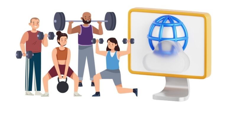 Group fitness strength alongside a 3D Cloud Website Hosting Icon fitness website hosting
