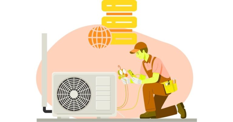 Illustration of Air Conditioning Repair Technician alongside a webhosting icon HVAC companies hosting
