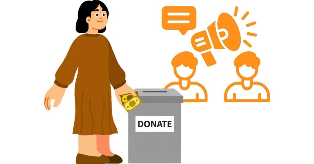 Illustration of Nanashi character in navy dress smiling while donating money to a charity box along side a campaign icon