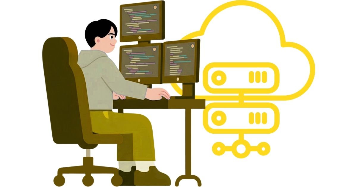 Illustration of tokumei character as a programmer working on multiple monitors displaying code alongside a hosting lineal icon