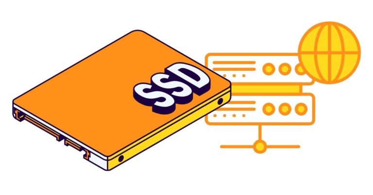Isometric Flat Solid State Drive alongside a webhosting icon SSD hosting