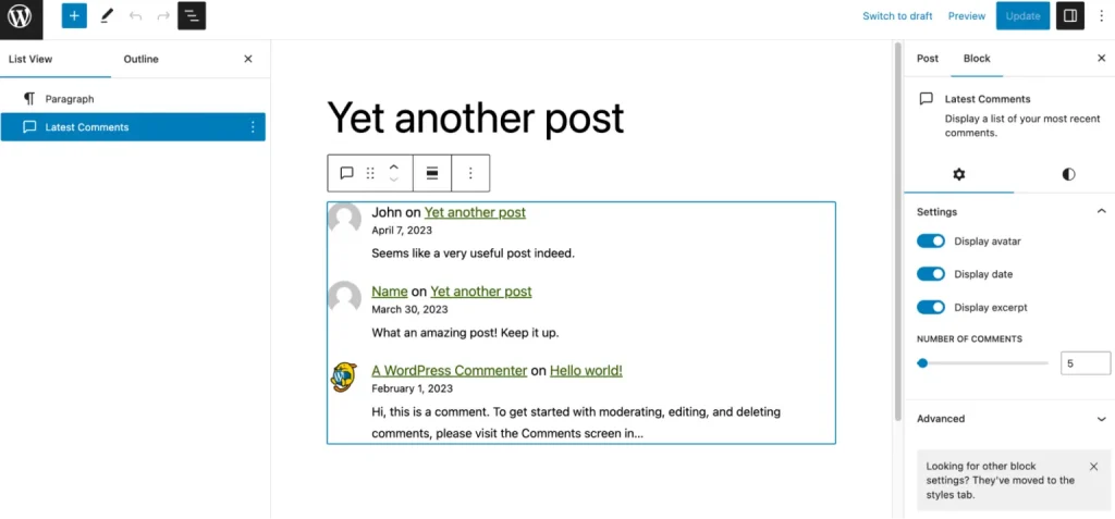 latest WordPress 6.9 comment block