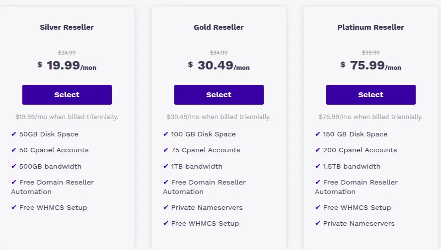 Reseller hosting plans  and pricing sample 