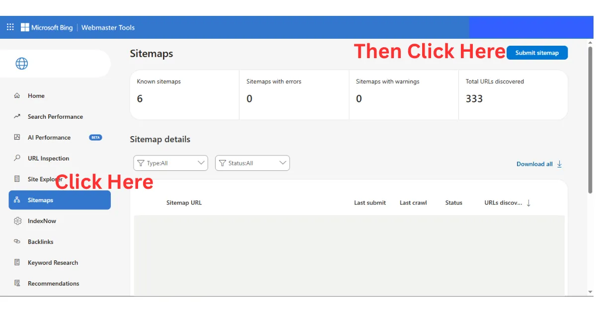 Submit sitemap to Bing