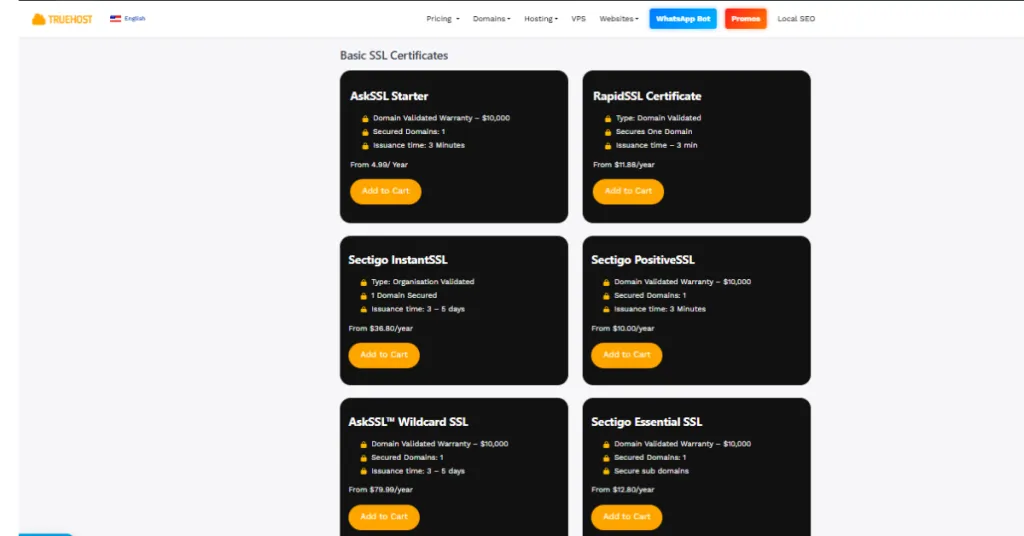 Truehost SSL certificates types
