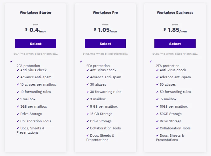 email hosting plans and prising 