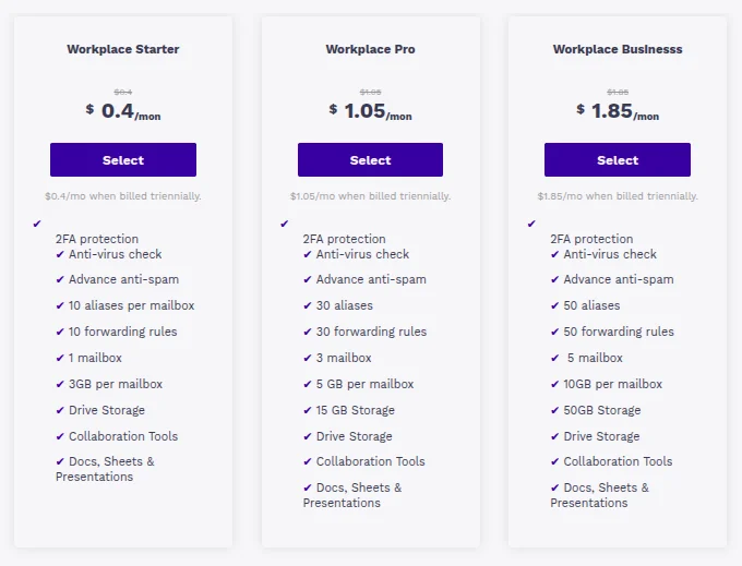 email hosting plans and pricing 