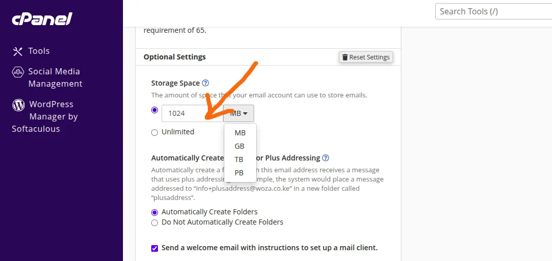 Setting mailbox storage