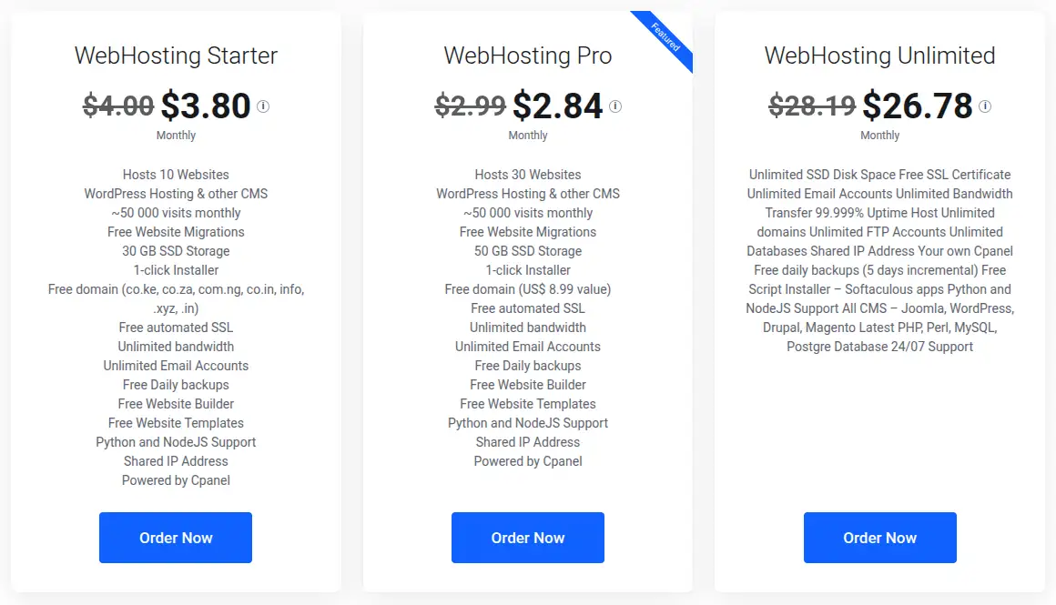 Truehost web hosting Pricing