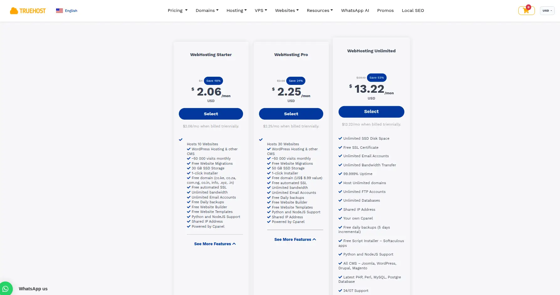 Truehost web hosting Pricing