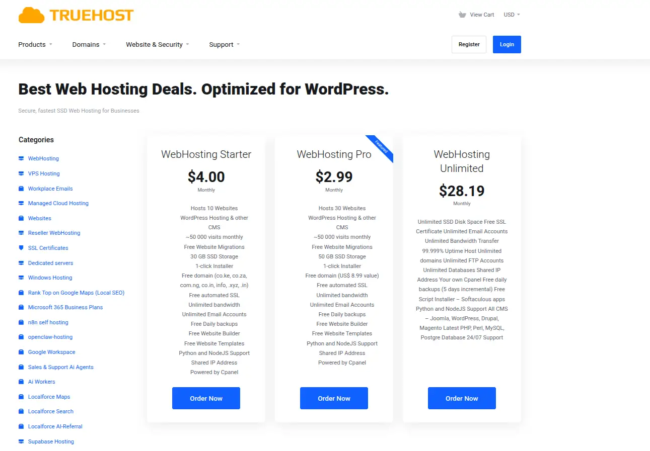 Truehost web hosting Pricing