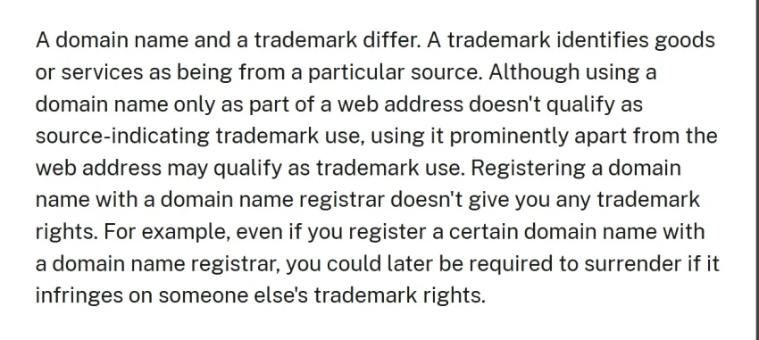 Username, domains are not trademarks